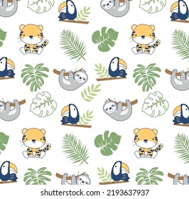 cute tropical animals pattern, cute animals pattern, cute tropical leaf pattern, leaf pattern