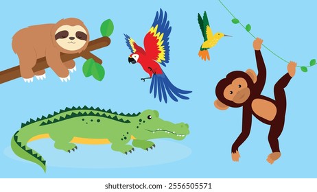 Cute tropical animals set. Vector illustration of monkey, crocodile, monkey, parrot, parrot