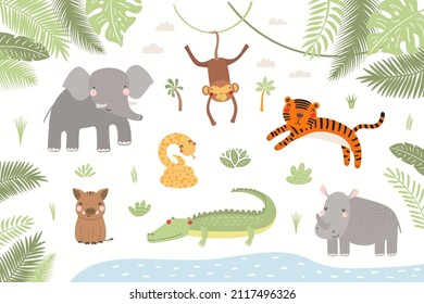 Cute tropical animals, tiger, crocodile, monkey, elephant, rhino, snake, boar, in the jungle. Hand drawn vector illustration. Scandinavian style flat design. Concept kids fashion print, poster card