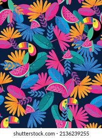 cute tropical background with cartoon palm and toucan , summer print