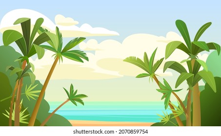 Cute tropical beach with palm trees. Sand and sea horizon. Cartoon flat style. Beautiful summer landscape. Vector.