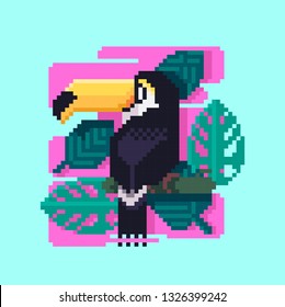 Cute tropical bird toucan. Pixel art style