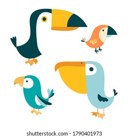 Cute tropical birds. Cartoon pelican, toucan, parrot and small bird.