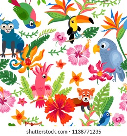 Cute tropical birds in jungle. Print with summer exotic plant tropical palm leaves. Parrots and toucan sitting on branches. Seamless tropical flower pattern background.