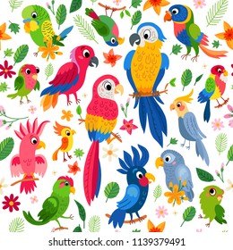 Cute tropical birds in jungle. Print with summer exotic plant tropical palm leaves. Parrots and toucan sitting on branches. Seamless tropical flower pattern background.