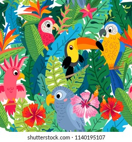 Cute tropical birds in jungle. Print with summer exotic plant tropical palm leaves. Parrots and toucan sitting on branches. Seamless tropical flower pattern background.