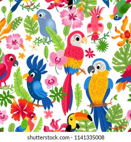 Cute tropical birds in jungle. Print with summer exotic plant tropical palm leaves. Parrots and toucan sitting on branches. Seamless tropical flower pattern background.