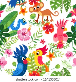 Cute tropical birds in jungle. Print with summer exotic plant tropical palm leaves. Parrots and toucan sitting on branches. Seamless tropical flower pattern background. Animal characters