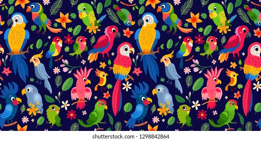 Cute tropical birds in jungle. Print with summer exotic plant tropical palm leaves. Parrots and toucan sitting on branches. Seamless tropical flower pattern background. - Vector