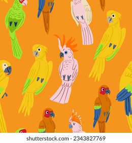 Cute tropical birds on orange. Parrots and toucan sitting on branches. Seamless tropical pattern background.
