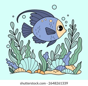 Cute Tropical blue Fish swim among seaweed on seabed. Underwater seascape landscape. Not AI. Color Hand Drawing. Vector illustration