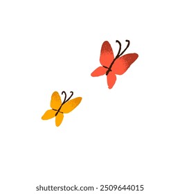 Las mariposas tropicales lindas vuelan. Insectos voladores coloridos. Pequeños animales exóticos con alas rojas y amarillas. Símbolo de verano, primavera. Ilustración vectorial dibujada a mano aislada plana sobre fondo blanco