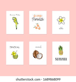 cute tropical cards set of  wild birds, exotic fruits, flowers. Summer cartoon doodle hand drawn vector elements