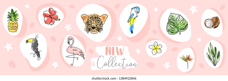 Cute tropical cartoon doodle hand drawn illustration with different Summer trendy prints of wild animals and exotic plants