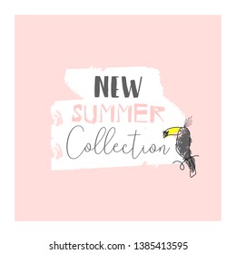 Cute tropical cartoon doodle hand drawn illustration with different Summer trendy prints of wild animals and exotic plants