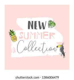 Cute tropical cartoon doodle hand drawn illustration with different Summer trendy prints of wild animals and exotic plants