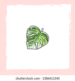 Cute tropical cartoon doodle hand drawn trendy exotic  monstera leaf illustration 