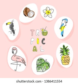 Cute tropical cartoon doodle hand drawn illustration with different Summer trendy prints of wild animals and exotic plants