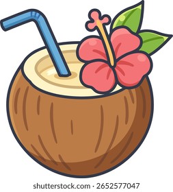 Bebida de coco tropical bonita decorada com flor de hibisco.
