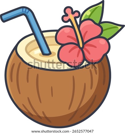 Cute tropical coconut drink decorated with hibiscus flower.