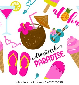 Cute tropical coctails and ice cream pattern background - funny vector drawing seamless pattern. Lettering poster or t-shirt textile graphic design. / Cute illustration. wallpaper, wrapping paper.