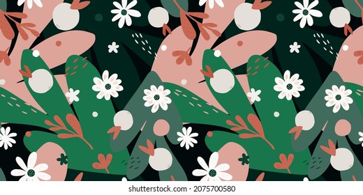 Cute tropical collages contemporary wallpaper. Doodle organic shapes seamless pattern. Flowers and fruits botanical background. Exotic hawaiian plants backdrop. Design for fabric, textile print, cover