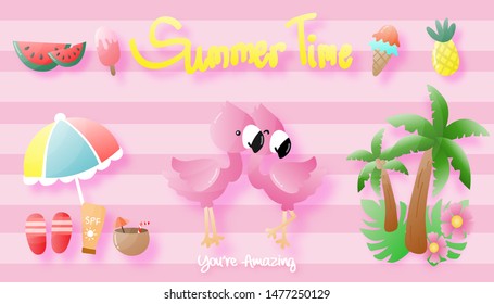 Cute Tropical collection for summer beach party: exotic flowers, leaves, cocktails, flamingos and fruits. Vector design isolated elements on the pink pastel background.