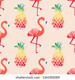 Cute tropical, exotic hawaiian seamless pattern with bright flamingo birds and pineapples in vector. Vector flamingo and pineapple background design. Funky bird and fruit style