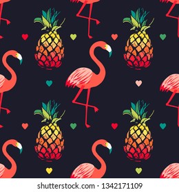 Cute Tropical, Exotic Hawaiian Seamless Pattern With Bright Flamingo Birds, Pineapples And Hearts On Dark Isolated Background In Vector. Vector Funky Bird And Fruit Style Design