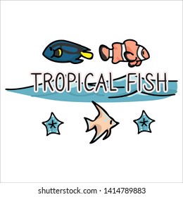 Cute tropical fish banner cartoon vector illustration motif set. Hand drawn isolated surgeon fish, clown fish and angel fish elements clipart for aquatic life blog, ocean graphic, underwater.