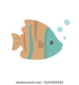 Cute tropical fish with blue and tan stripes, blowing bubbles, great for aquatic kids books, marine life prints, or cheerful underwater art.
