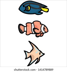 Cute tropical fish cartoon vector illustration motif set. Hand drawn isolated surgeon fish, clown fish and angel fish elements clipart for aquatic life blog, ocean graphic, underwater web buttons.