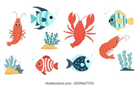Cute Tropical Fish, Crayfish, Shrimp and Sea Plants and seaweed set. Isolated underwater animals, plants on white. Vector illustration. Kids collection