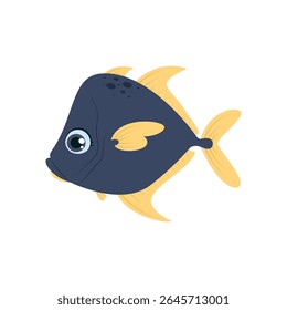 A cute tropical fish with a dark blue body and yellow fins. A fun and colorful sea animal, perfect for kids' projects and underwater themes