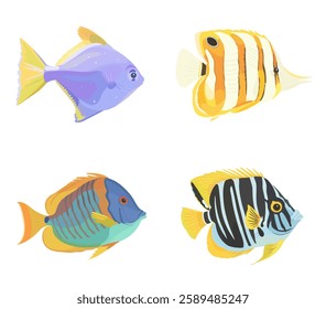 Cute Tropical Fish illustration on white background. Cartoon vector icon set.