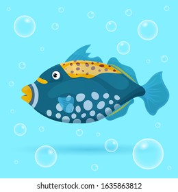 Cute tropical fish on blue background with bubbles. Brightly-coloured ocean fish. Underwater marine wild life. Vector illustration.