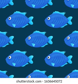 Cute tropical fish on dark background. Brightly-coloured ocean fish. Underwater marine wild life. Seamless pattern. Vector illustration.