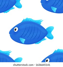 Cute tropical fish on white background. Brightly-coloured ocean fish. Underwater marine wild life. Seamless pattern. Vector illustration.