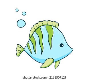 Cute tropical fish on a white background with bubbles. Brightly colored blue ocean fish. Underwater marine wildlife. Vector illustration.