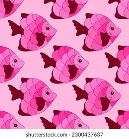 Cute tropical fish seamless fabric print design. Underwater fauna diving. Summer fashion clothes print. Tropical fish undersea life graphic design. Multicolor scales, tail