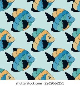 Cute tropical fish seamless pattern vector. Oceanic animals diving. Children fashion textile print. Tropical fish isolated graphic design. Colorful scales, fins