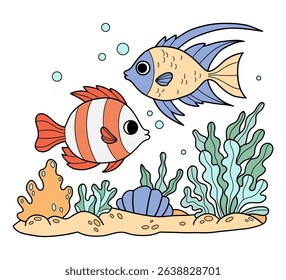 Cute Tropical Fish swim among seaweed, Coral on seabed. Underwater seascape landscape. Color Hand Drawing. Vector illustration. Kids collection 