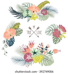 Cute tropical floral bouquets, retro flowers