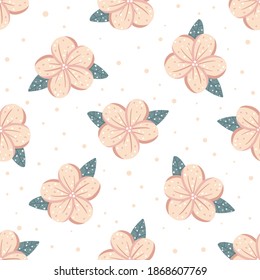 Patrón floral floral tropical suave con plumeria y puntos abstractos aislados sobre fondo blanco. Ilustración vectorial de patrón escandinavo dibujada a mano.