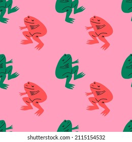 Cute tropical frogs comic characters boho doodle modern art print funny naive handdrawn primitive childish cartoon funky trendy style vector seamless pattern print