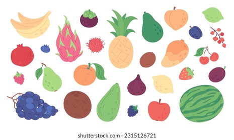 Cute tropical fruit and berry doodles, avocado and citrus lemon. Hand drawn exotic fruits, banana, pineapple and strawberry, summer fresh organic ingredients, vitamin rich food stickers vector set