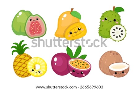 Cute tropical fruit guava, mango, soursop, pineapple, passion fruit, coconut clip art
