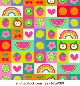 Cute tropical fruit, hibiscus, rainbow and heart with square pattern background.