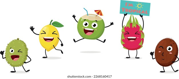 Cute tropical fruits cartoon characters
