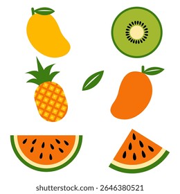 Cute Tropical Fruits Collection with Mango, Kiwi, Pineapple, Watermelon, and Leaves - Vector